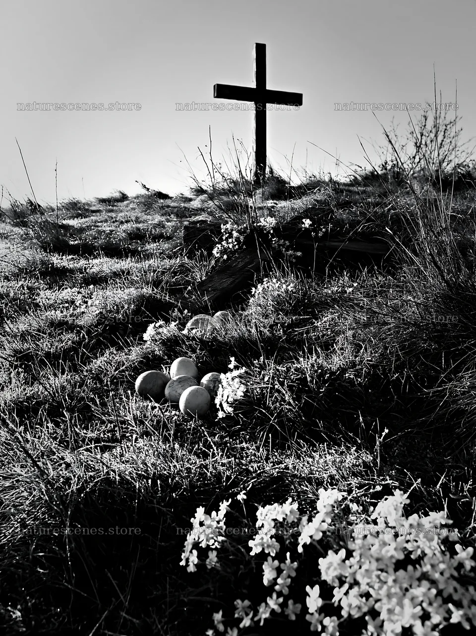 Christian cross in frost-covered meadow – nature scenes 6866x9174