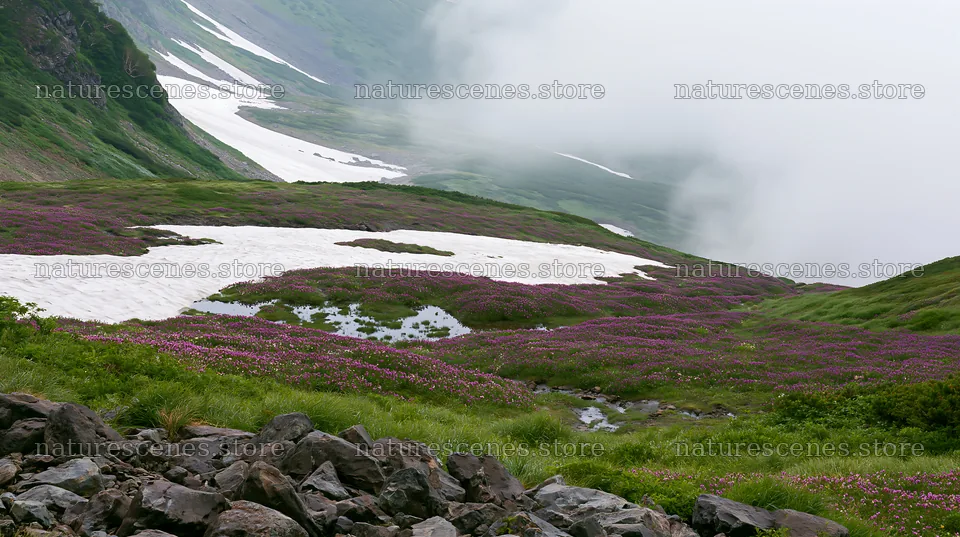Snowmelt in Toyama alpine meadow with rock foreground – nature scenes 10608x5938