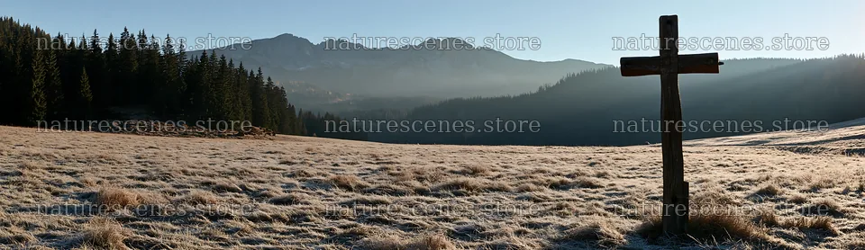Carved oak cross in frosted meadow with mountains in background – nature scenes 14762x4268