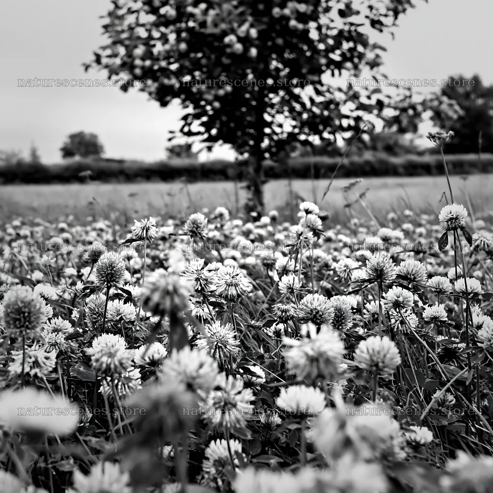 Clover and apple tree in black and white meadow scene – nature scenes 7938x7938