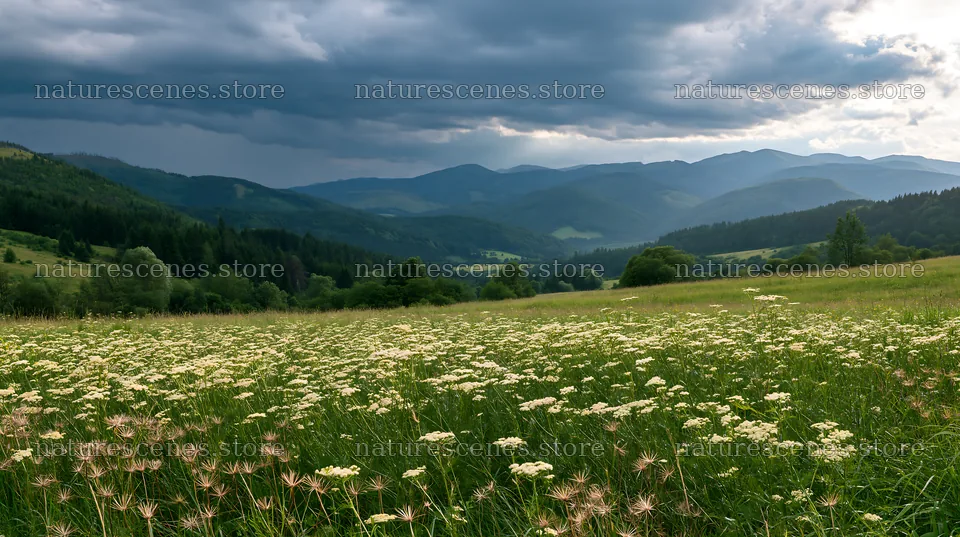 Slovak meadow in the Carpathian valley under cloudy sky – nature scenes 10608x5938
