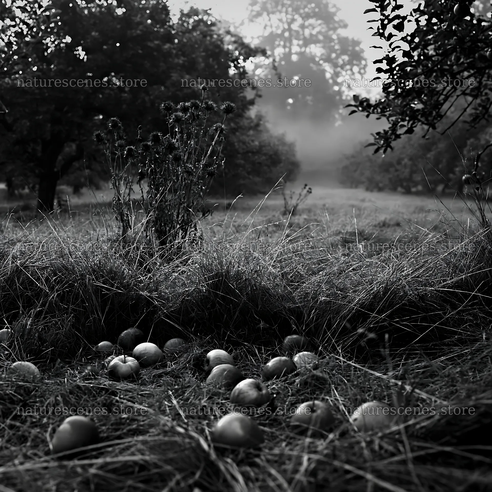 Fallen apples in a misty orchard meadow – nature scenes 7938x7938