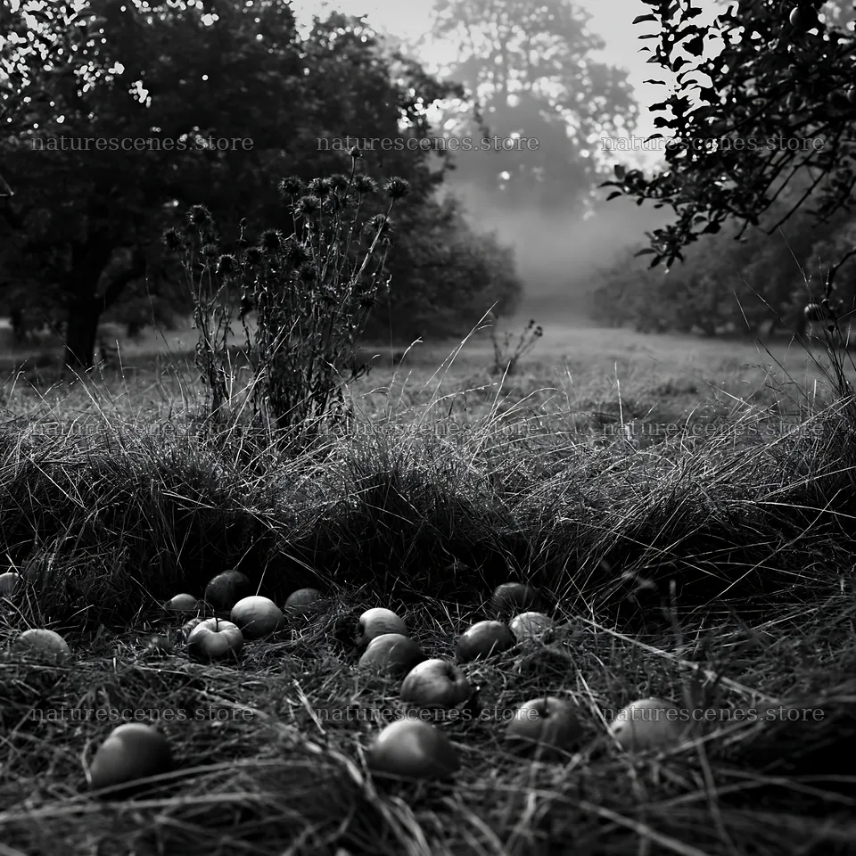 Fallen apples in a misty orchard meadow – nature scenes 7938x7938