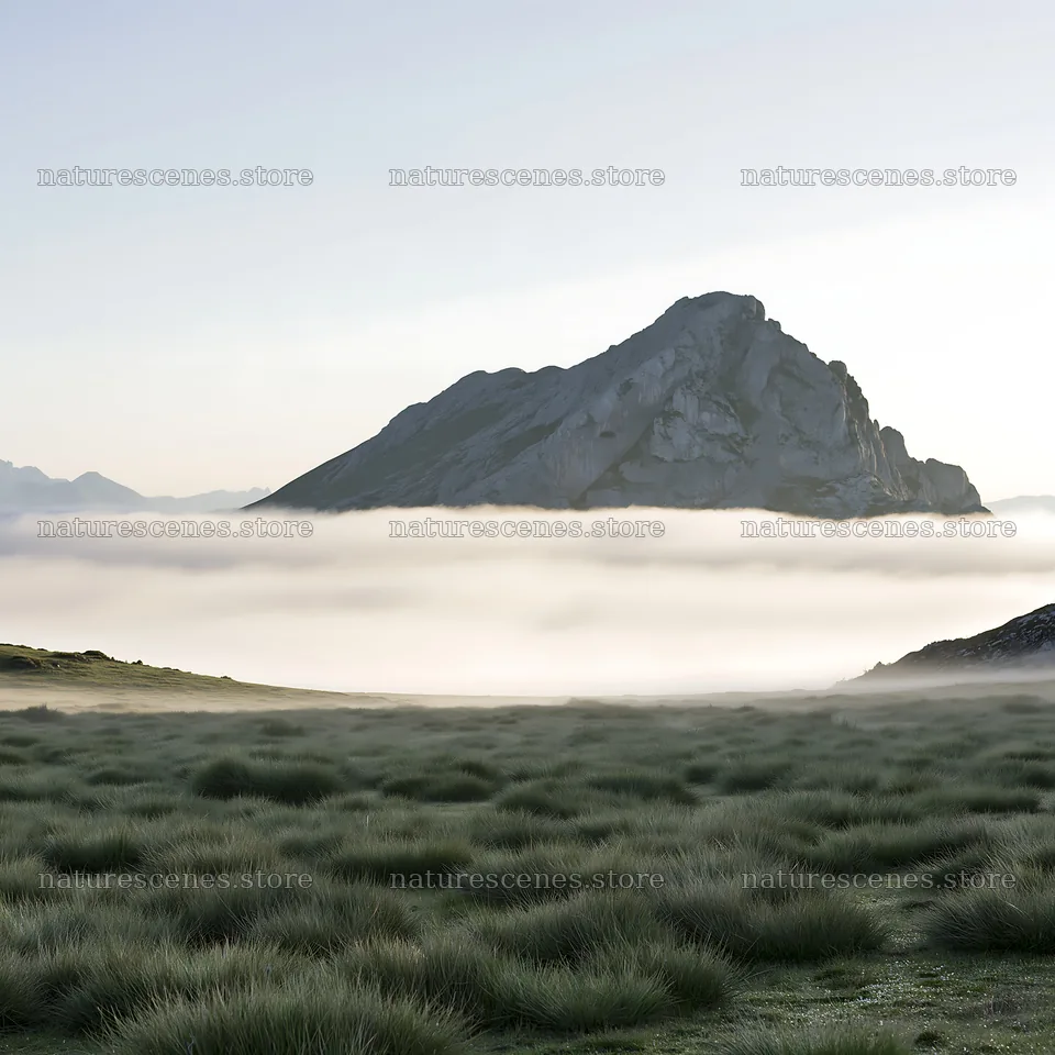 Sunlight over Picos de Europa meadow with mountain and mist – nature scenes 7938x7938