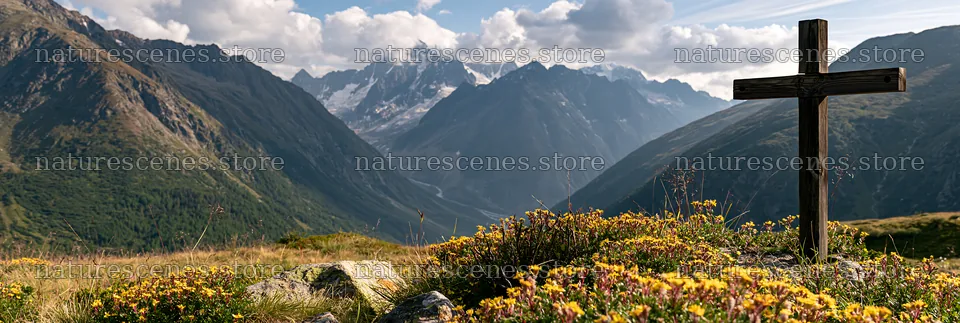 Wooden cross in mountain meadow with flowers and snow-capped peaks – nature scenes 13690x4602