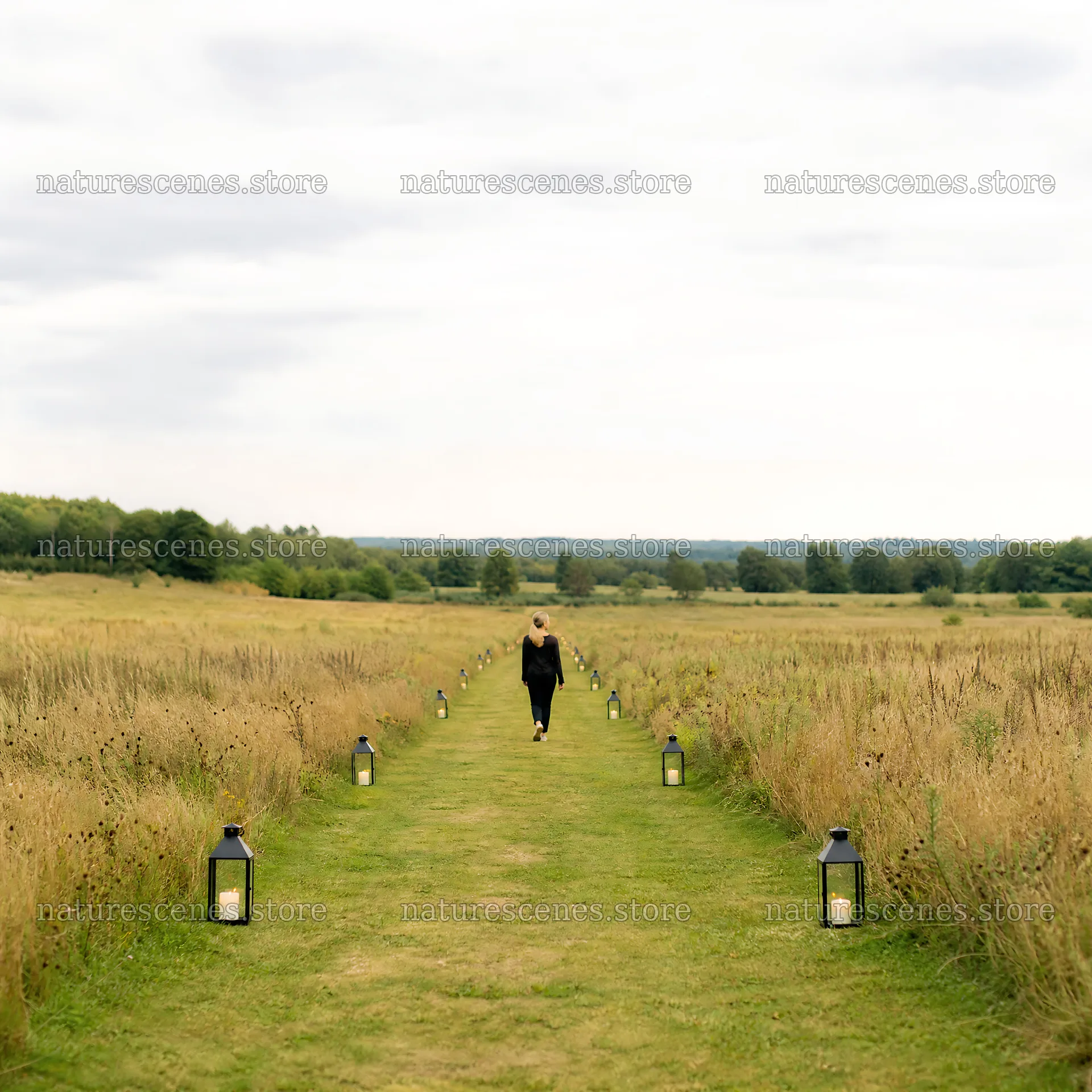 Lanterns line a path in a meadow during a cloudy day – nature scenes 7938x7938