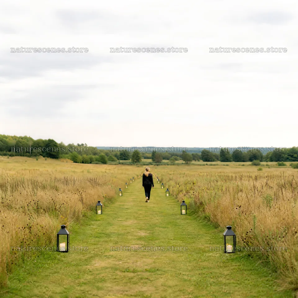 Lanterns line a path in a meadow during a cloudy day – nature scenes 7938x7938
