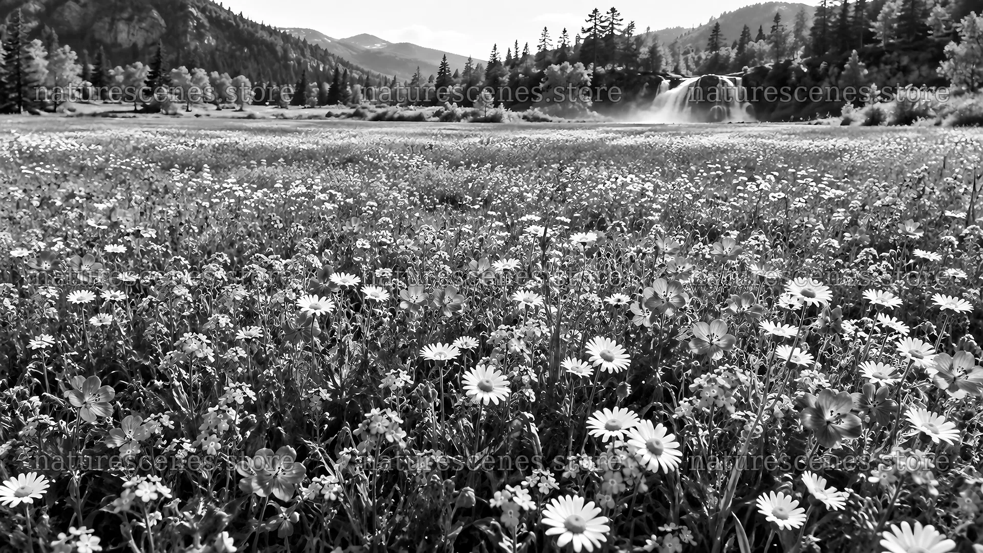 Monochrome Wildflower Meadow and Waterfall – nature scenes 10324x5812