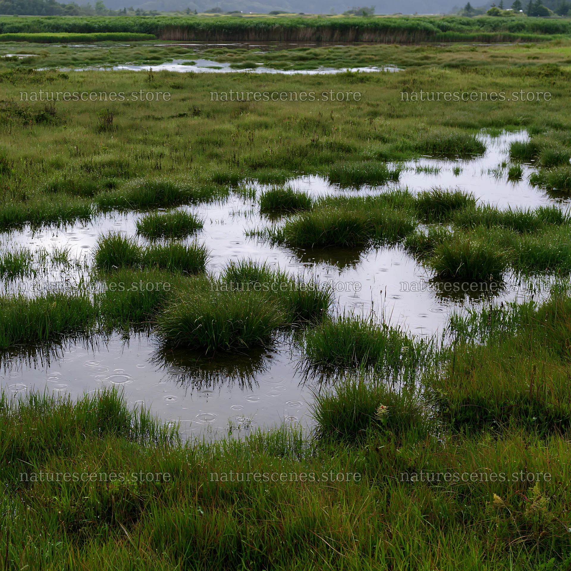 Fukui native grass meadow rain droplets reflect over wet ground – nature scenes 7938x7938