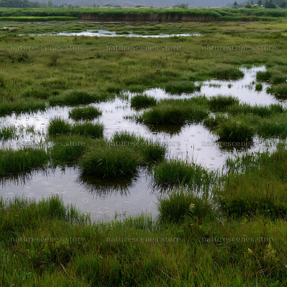 Fukui native grass meadow rain droplets reflect over wet ground – nature scenes 7938x7938