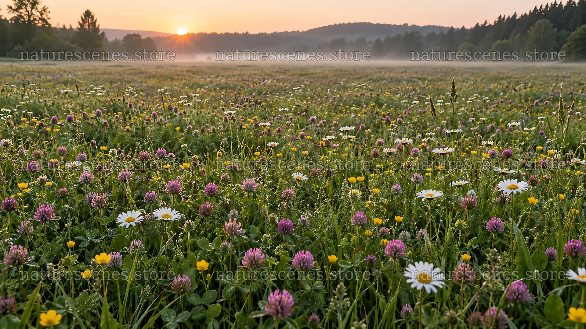 Wildflower Meadow at Sunrise in a Forest Clearing – nature scenes 10324x5812
