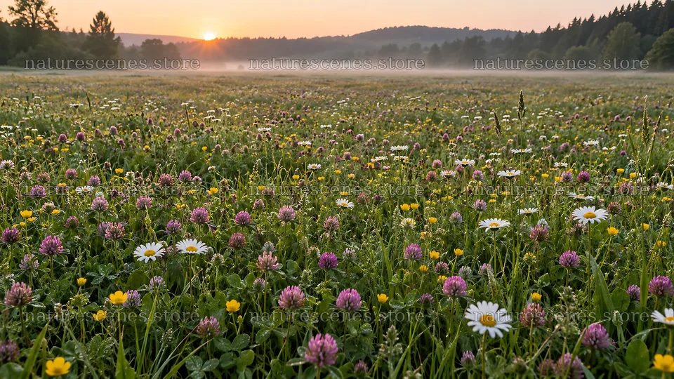 Wildflower Meadow at Sunrise in a Forest Clearing – nature scenes 10324x5812