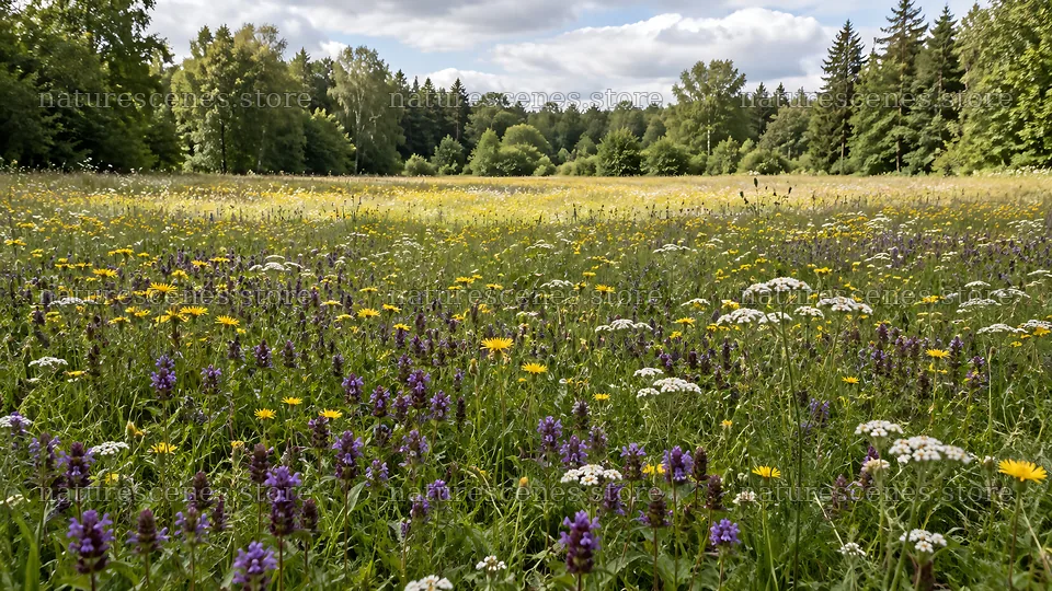 Wildflower Meadow in a Woodland Clearing – nature scenes 10324x5812