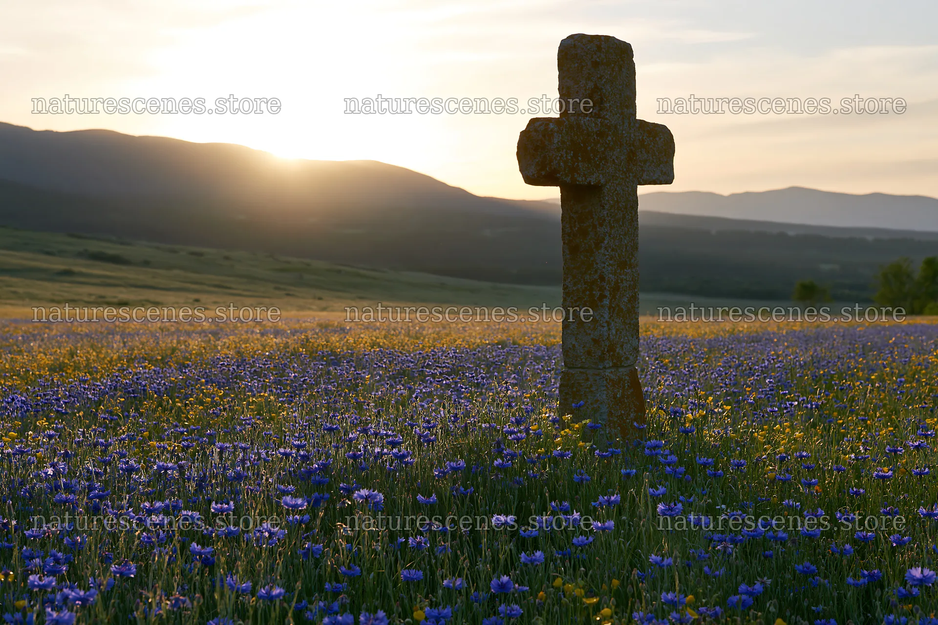 Christian cross in summer meadow at sunset – nature scenes 9722x6480