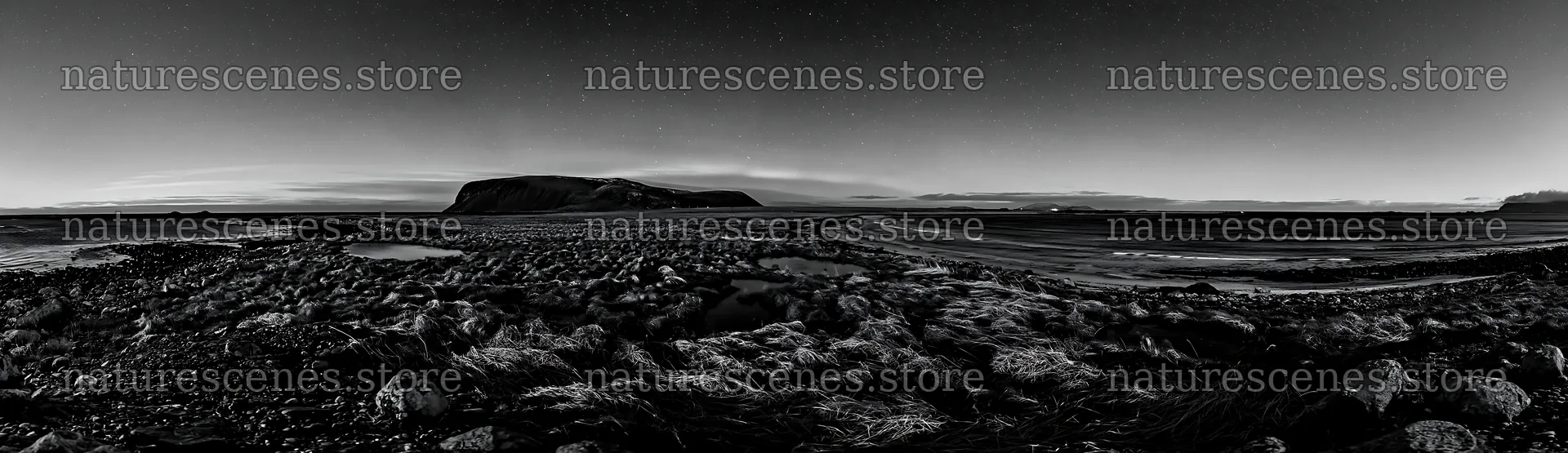 Aurora meadow coast with rocky shoreline and distant hills – nature scenes 14762x4268