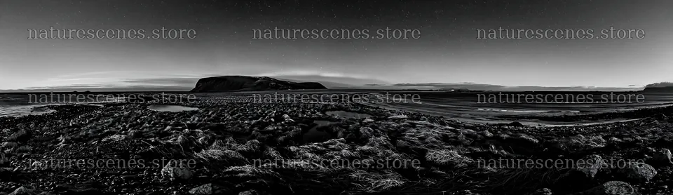 Aurora meadow coast with rocky shoreline and distant hills – nature scenes 14762x4268