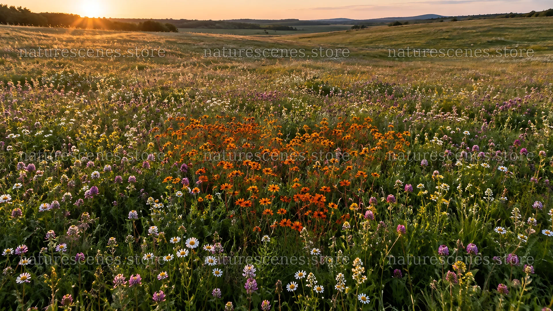 Wildflowers Across a Meadow at Sunset – nature scenes 10324x5812