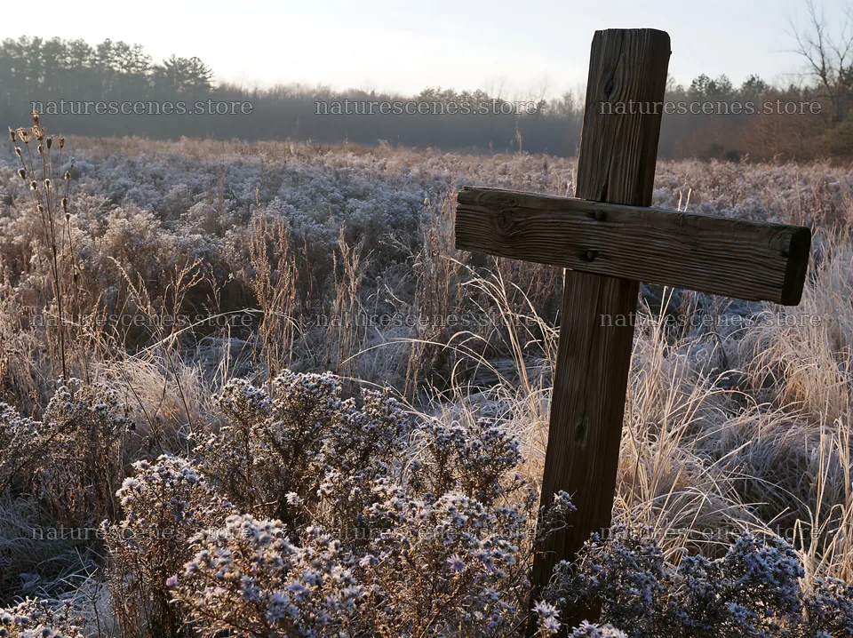 Wooden cross in a frost-covered Christmas meadow – nature scenes 9174x6866