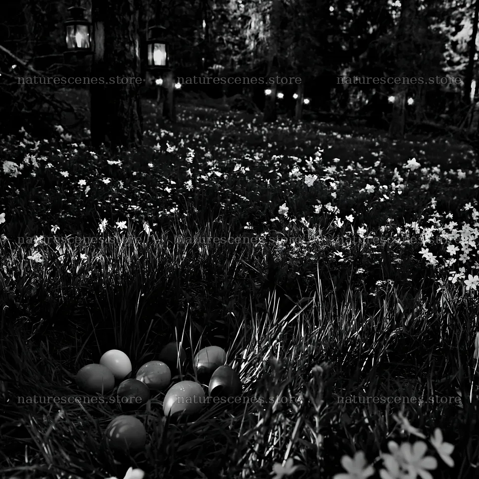 Expansive Christmas meadow with lanterns by ancient forest – nature scenes 7938x7938