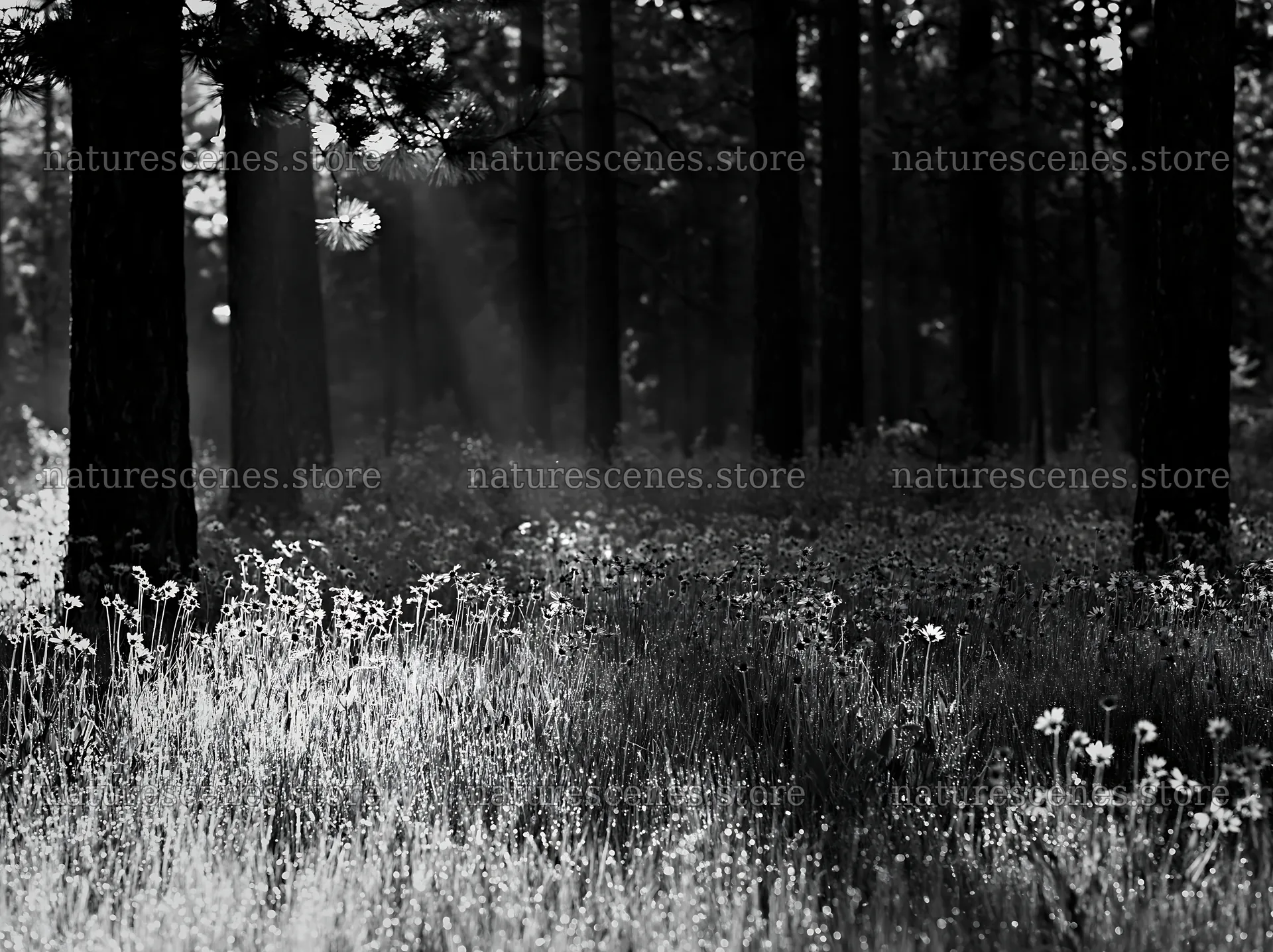 Pine forest meadow with wildflowers in morning light – nature scenes 9174x6866