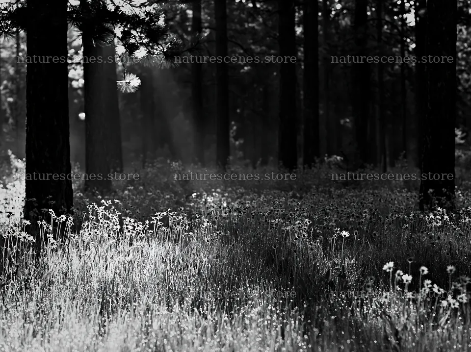 Pine forest meadow with wildflowers in morning light – nature scenes 9174x6866