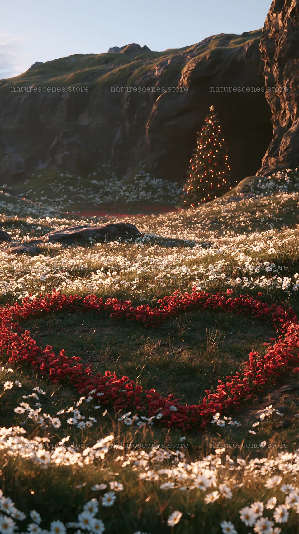 Christmas tree beside cave in meadow with flower heart shape – nature scenes 5938x10608