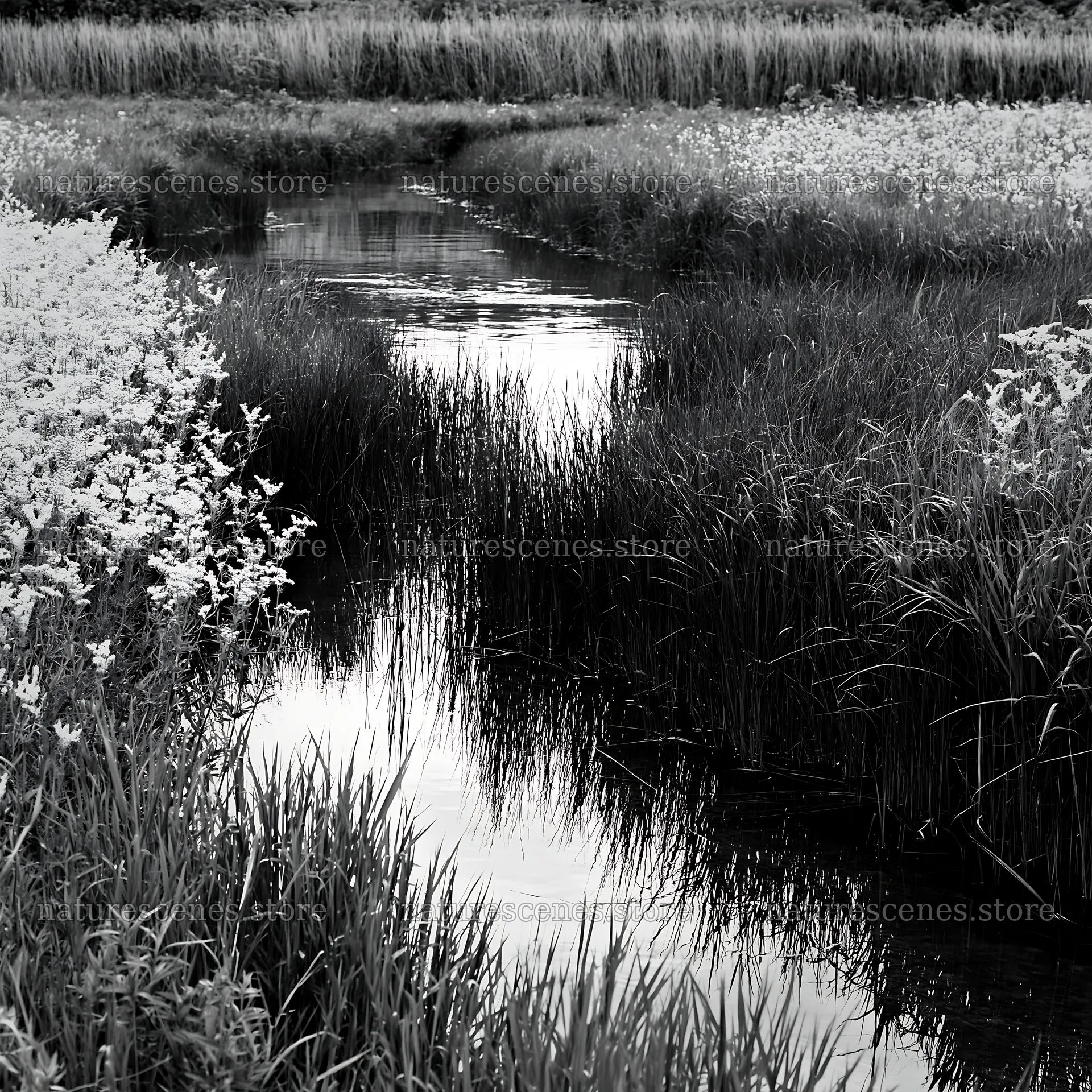 High contrast winding stream through meadow and wildflowers – nature scenes 7938x7938