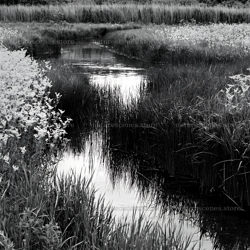 High contrast winding stream through meadow and wildflowers – nature scenes 7938x7938