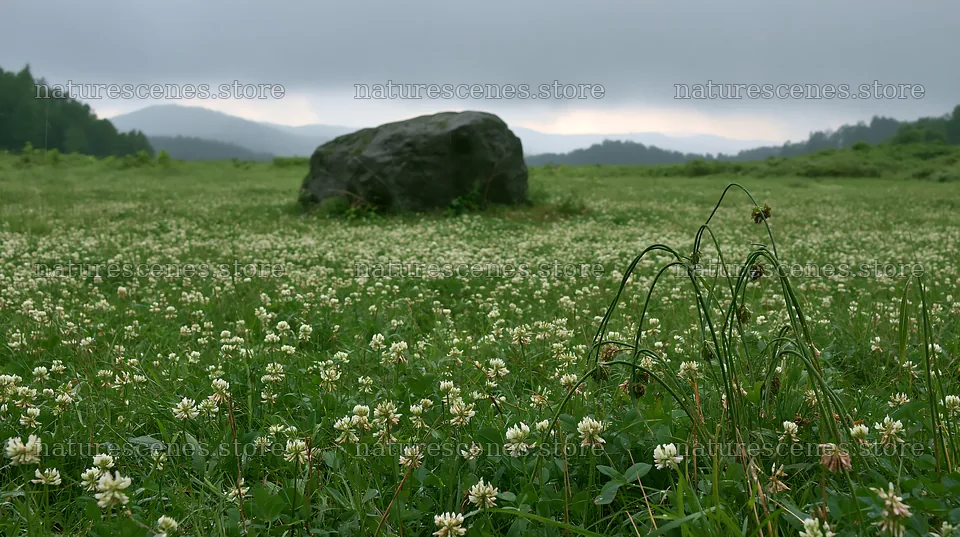 Drought resilient meadow with granite boulder in Nagano – nature scenes 10608x5938
