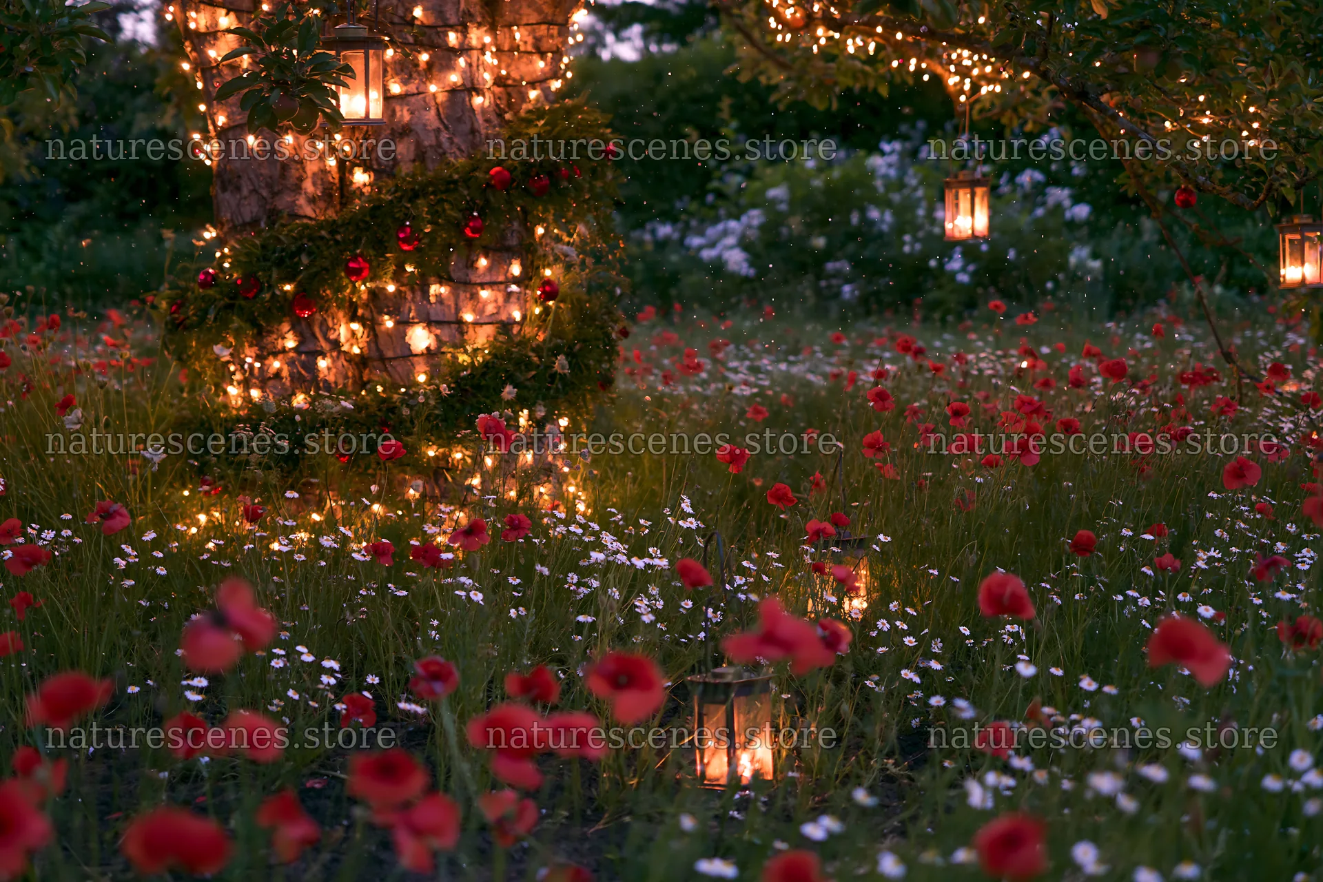 Christmas lanterns shine in an apple tree meadow – nature scenes 9722x6480