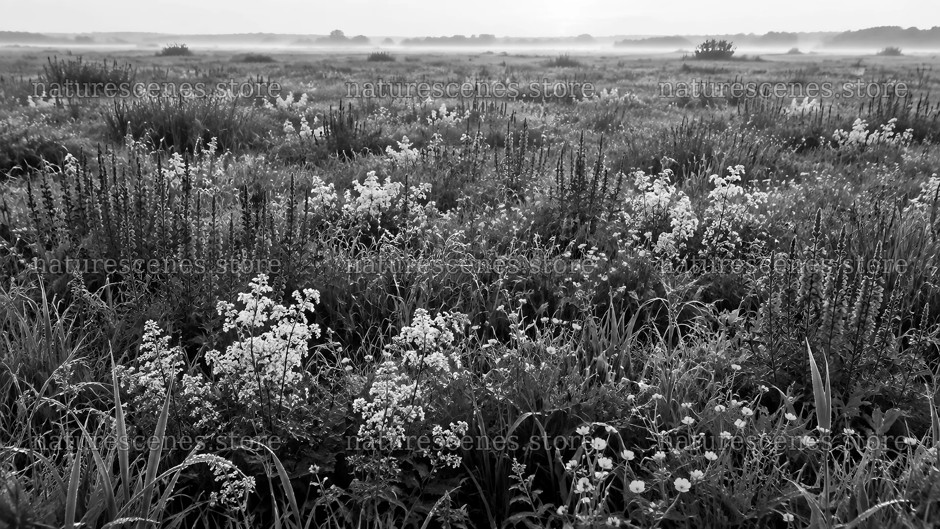 Wildflower Meadow in Morning Mist, Monochrome – nature scenes 10324x5812