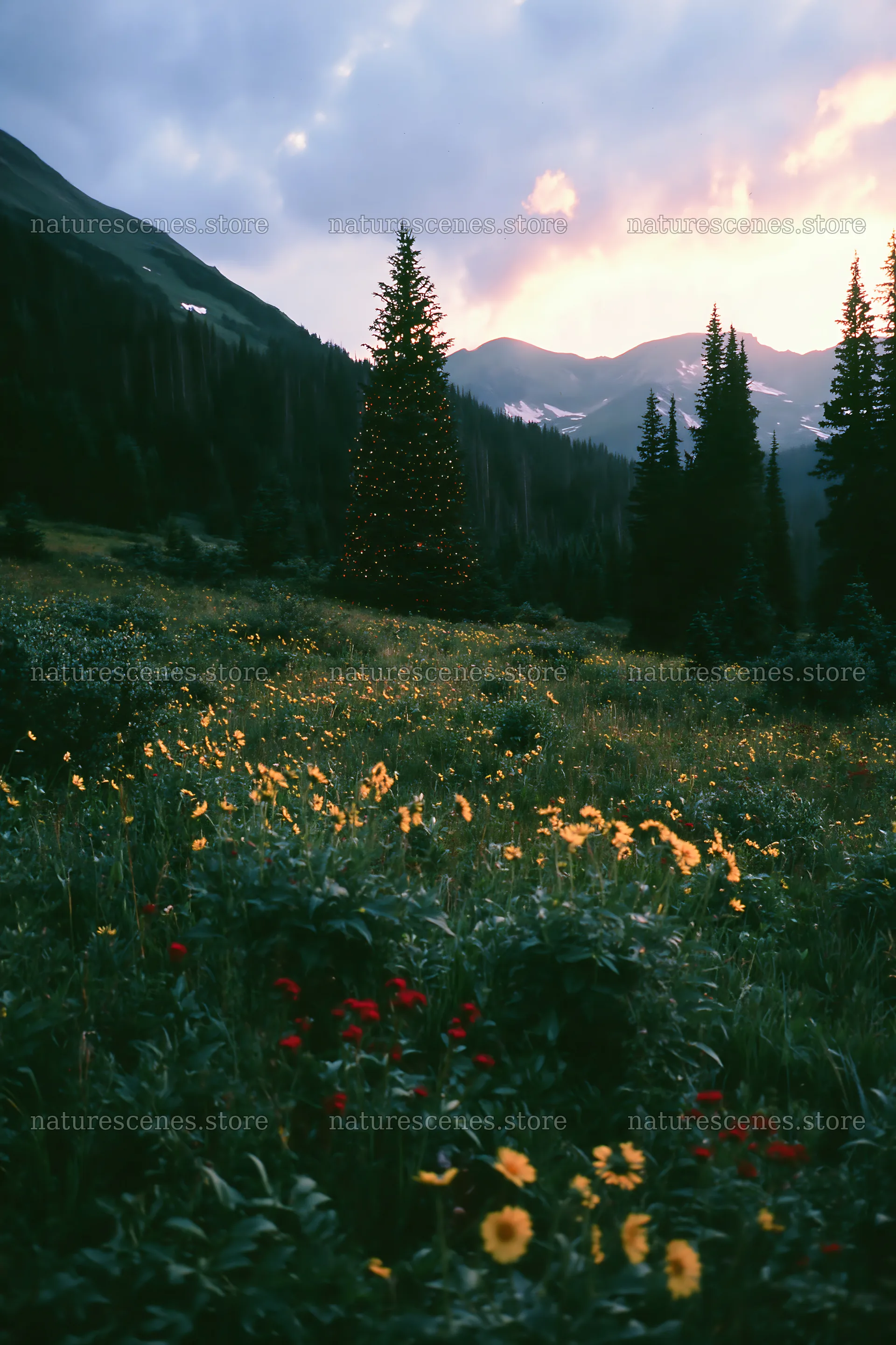 Christmas tree with lights in snowy mountain valley meadow – nature scenes 6480x9722