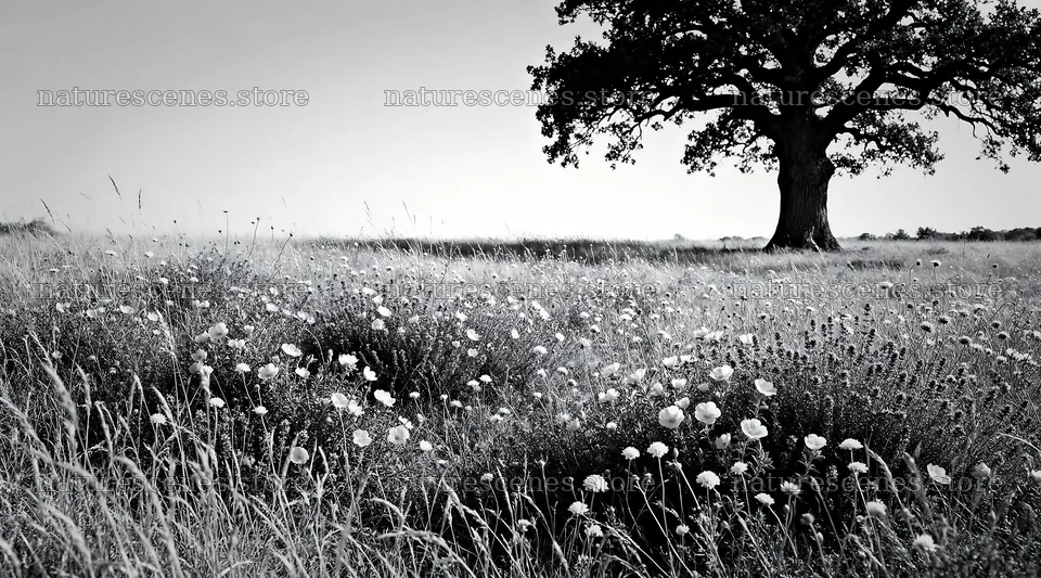 Sunny dry meadow with wildflowers and a large tree – nature scenes 10648x5916