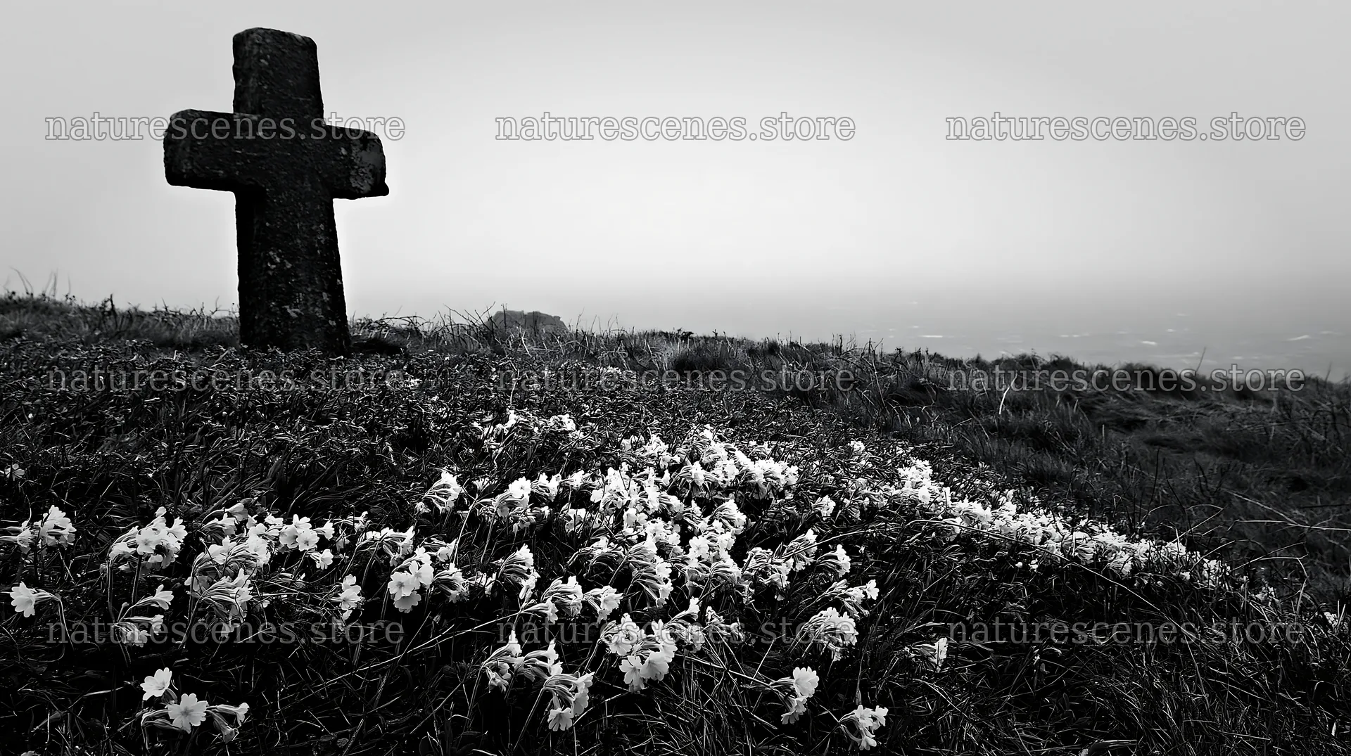 Rustic Christian cross in winter meadow with flowers – nature scenes 10608x5938
