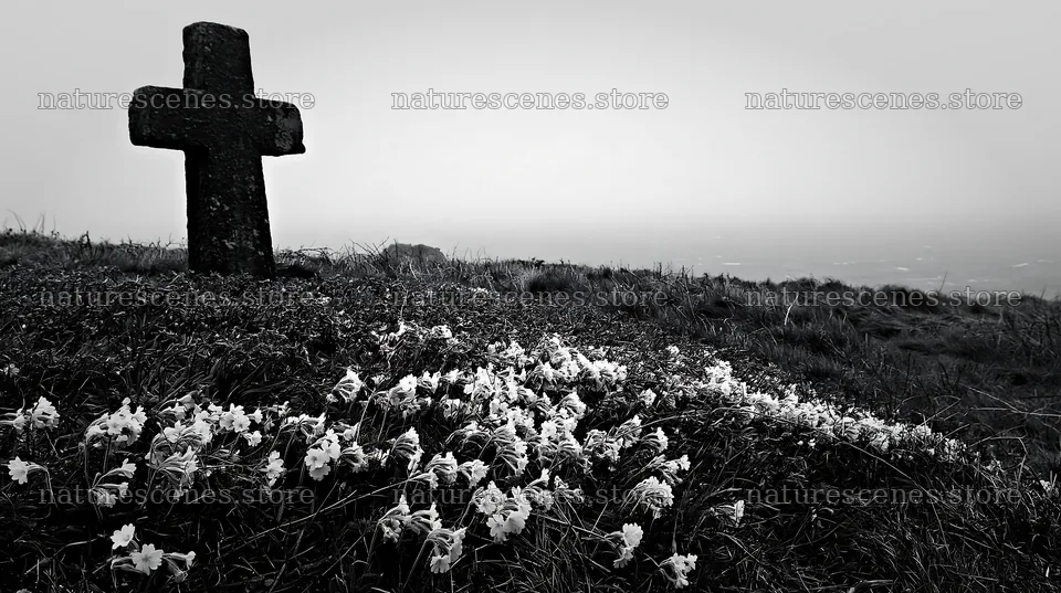 Rustic Christian cross in winter meadow with flowers – nature scenes 10608x5938