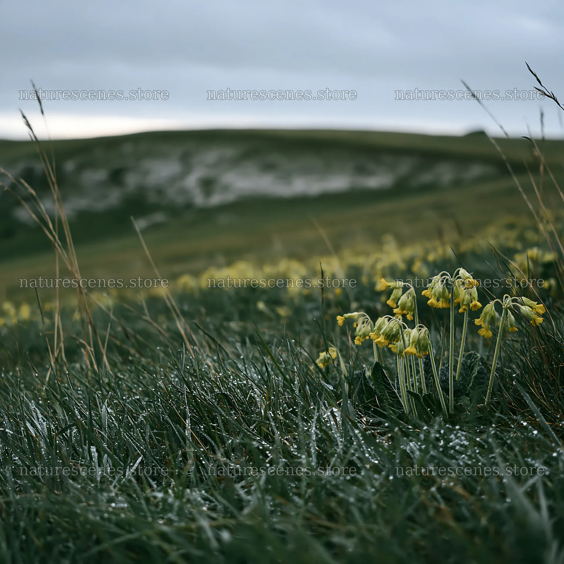 Cloudy meadow with yellow flowers and wet grass – nature scenes 7938x7938