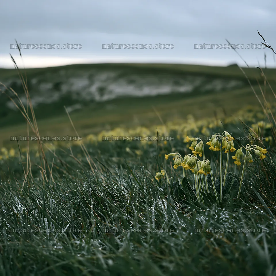 Cloudy meadow with yellow flowers and wet grass – nature scenes 7938x7938