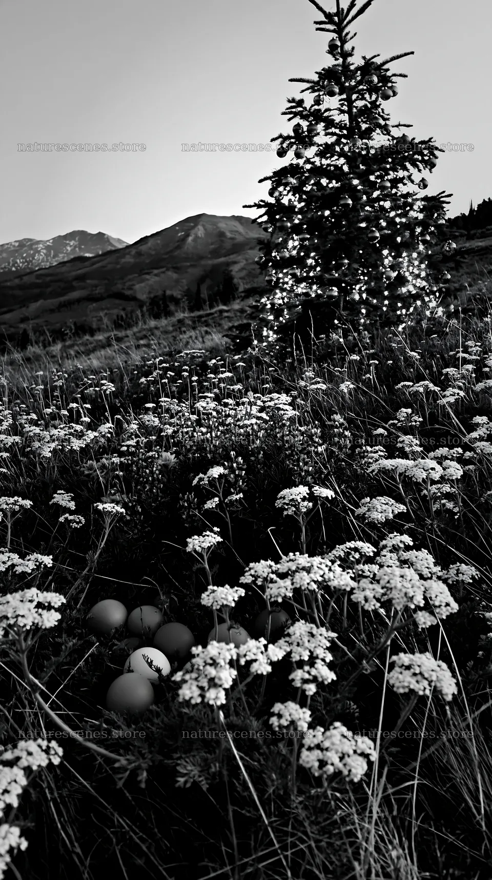 Christmas tree with baubles in mountain meadow setting – nature scenes 5938x10608