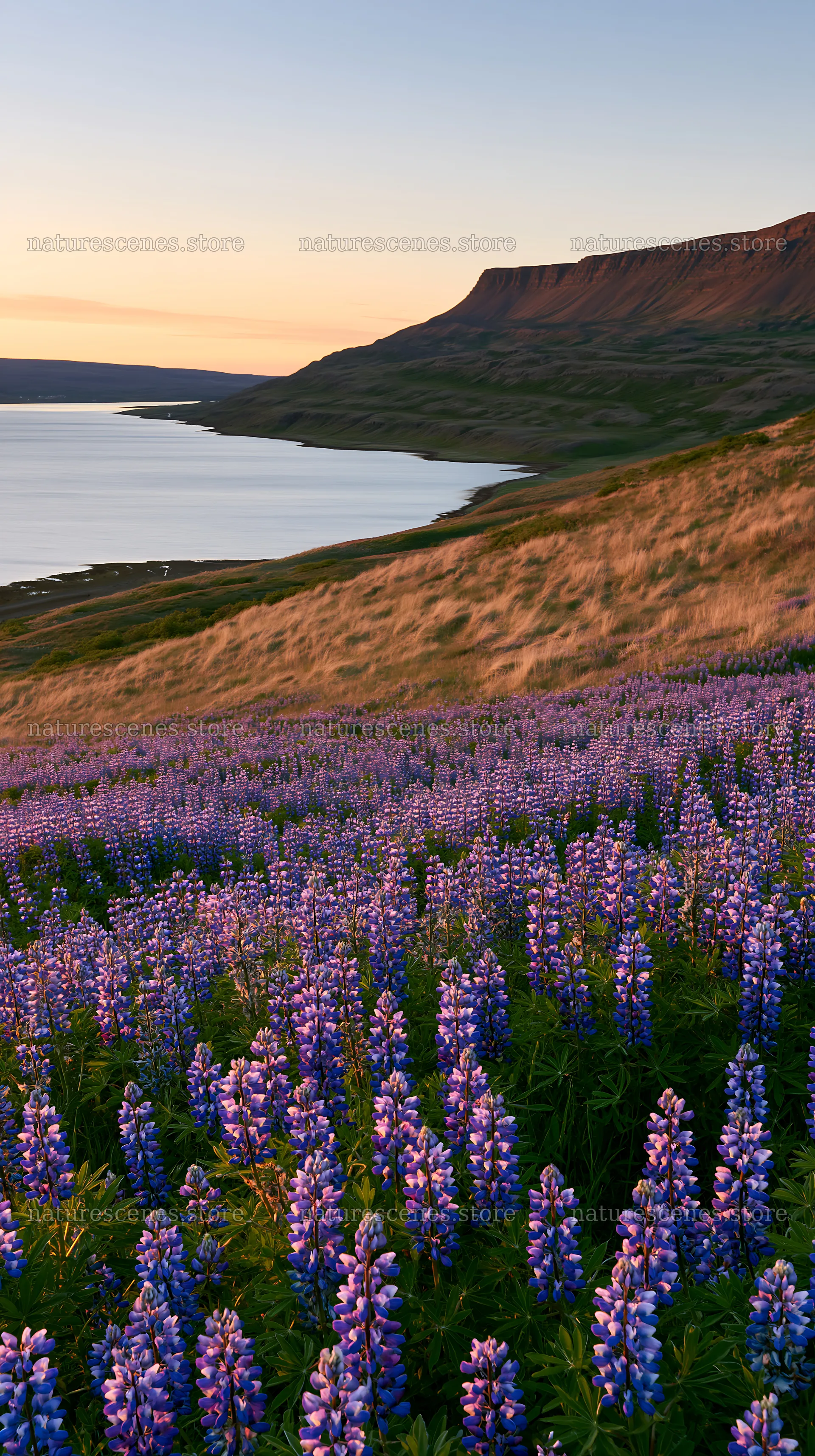 Lupin meadow foreground copy space with sunset over water – nature scenes 5938x10608