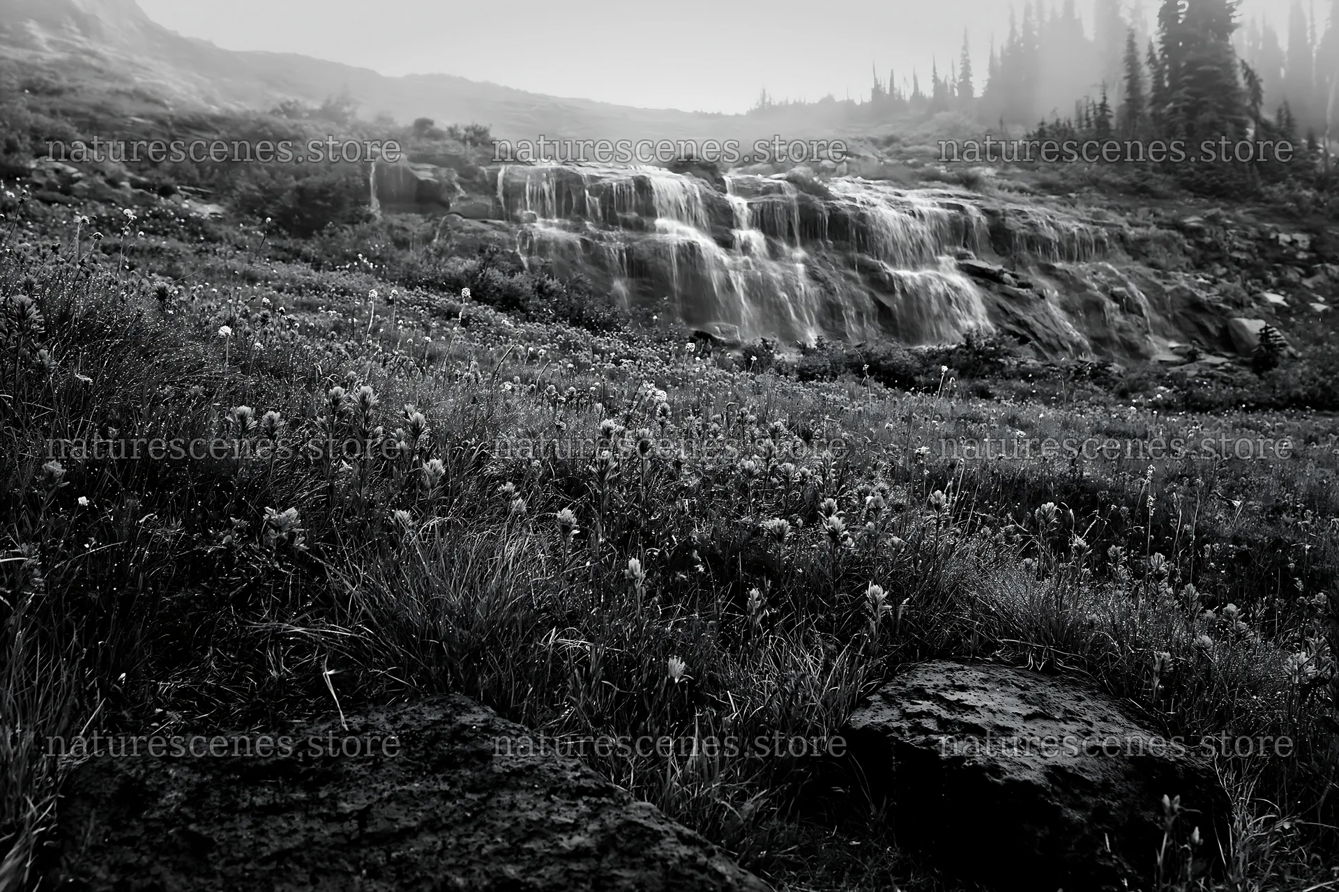 Misty mountain waterfall in a meadow with rocks and grass – nature scenes 9722x6480