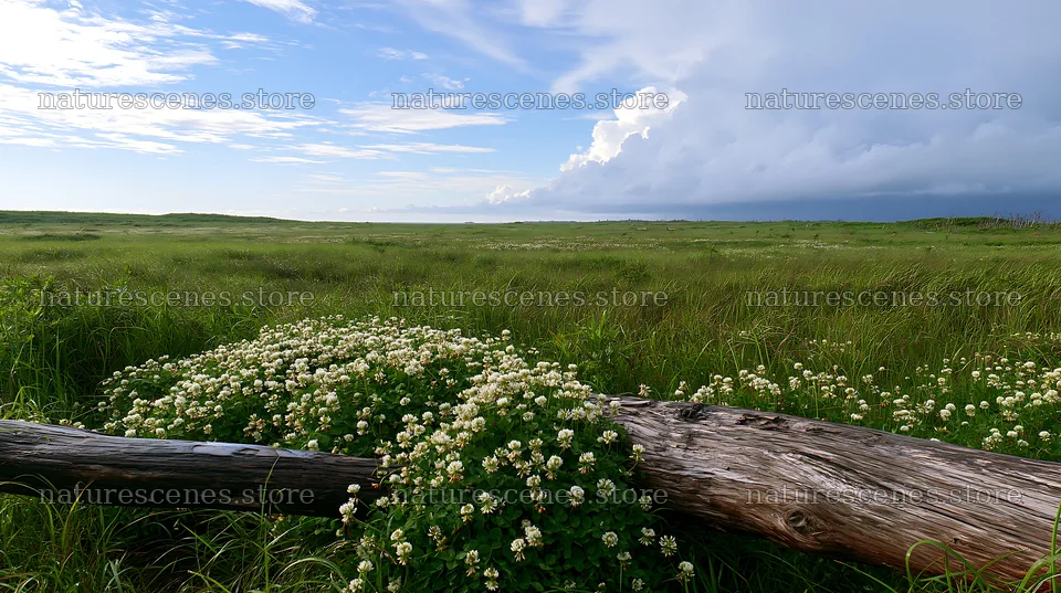 Chiba coastal climate meadow with driftwood and flowering plants – nature scenes 10608x5938