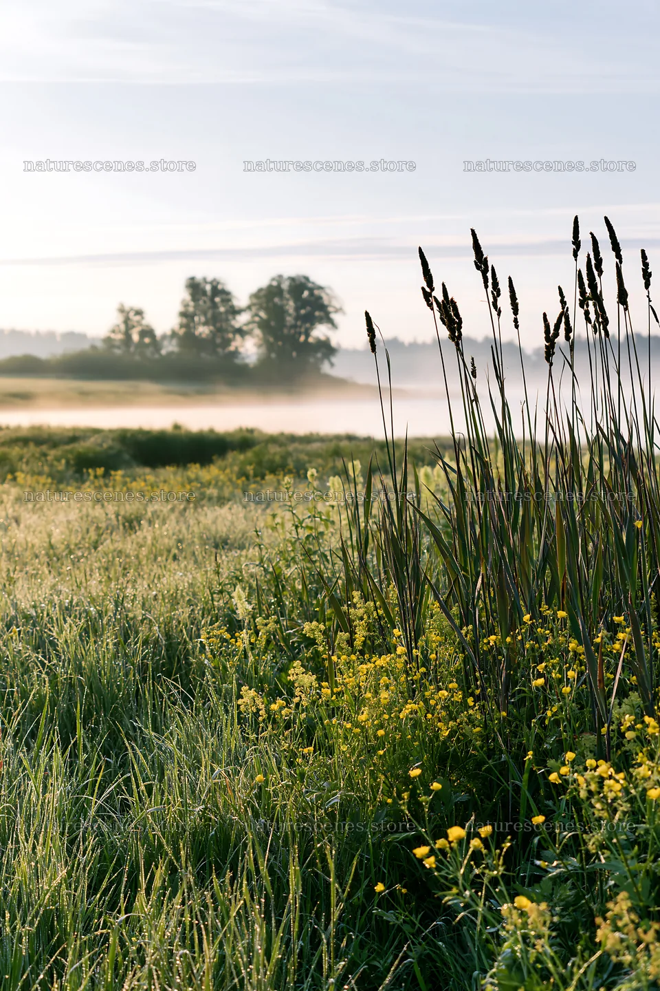 Saga floodplain meadow with reeds and flowers in the morning – nature scenes 6480x9722