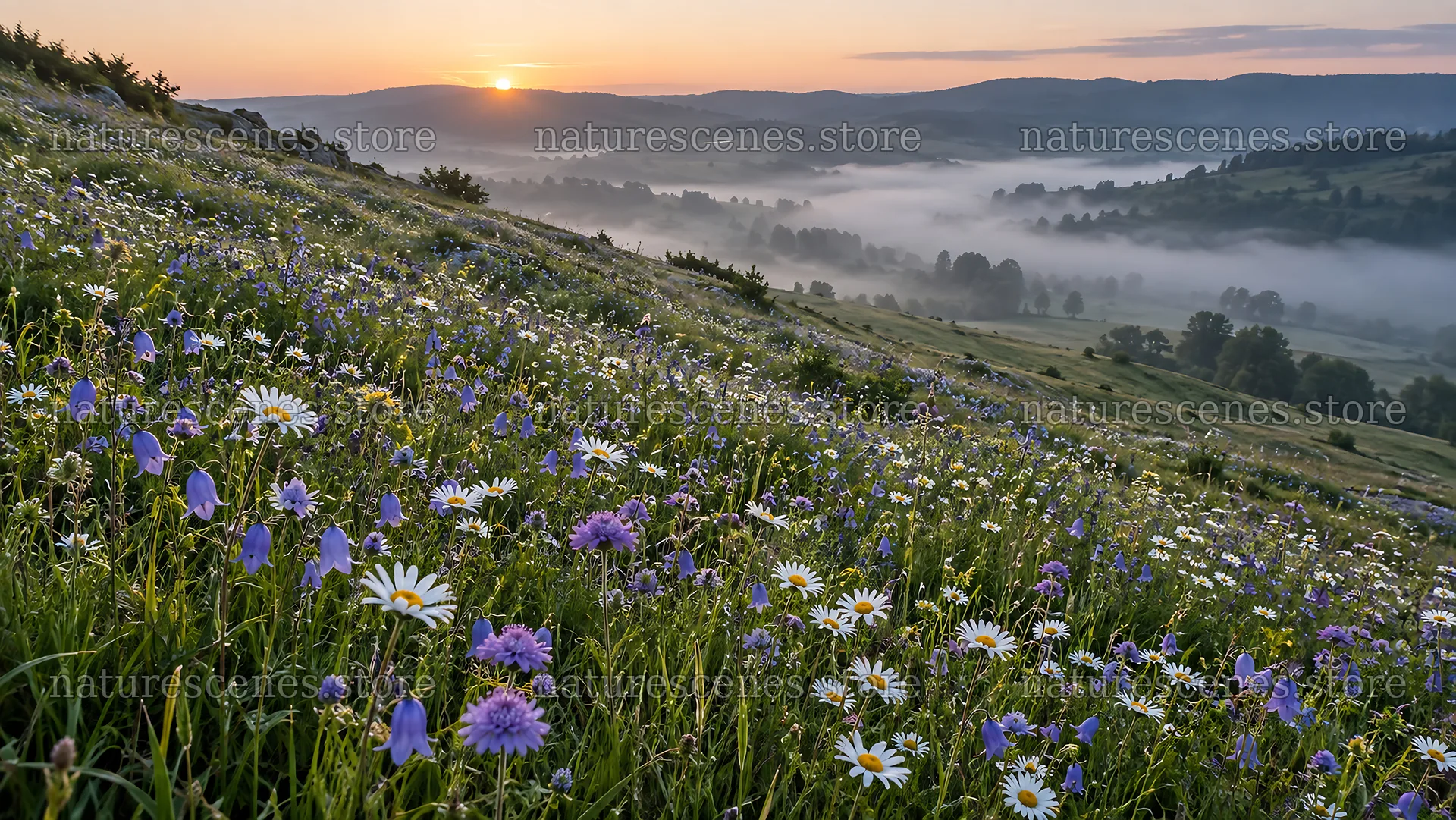 Wildflower Meadow Above a Misty Valley at Sunrise – nature scenes 10324x5812