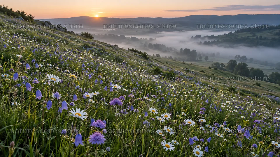 Wildflower Meadow Above a Misty Valley at Sunrise – nature scenes 10324x5812
