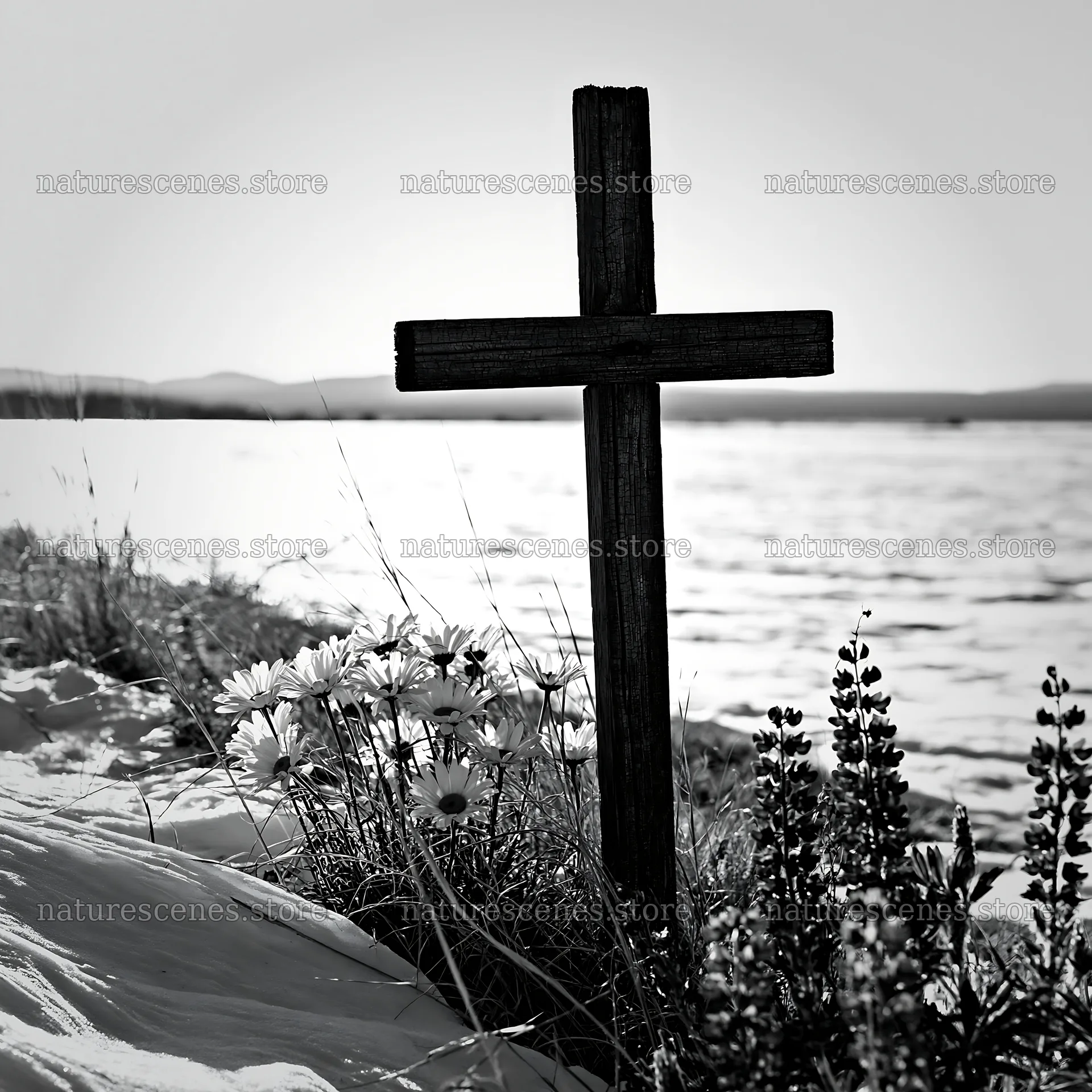 Weathered Christian cross in snowy meadow with flowers – nature scenes 7938x7938