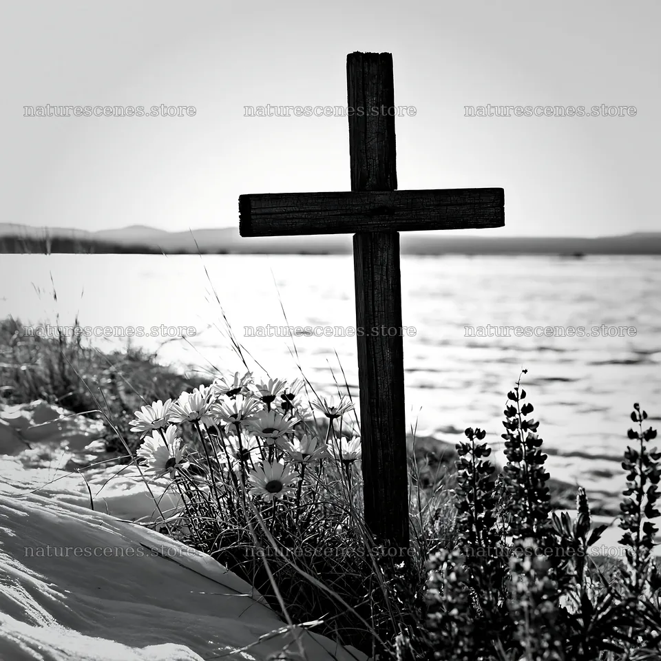 Weathered Christian cross in snowy meadow with flowers – nature scenes 7938x7938