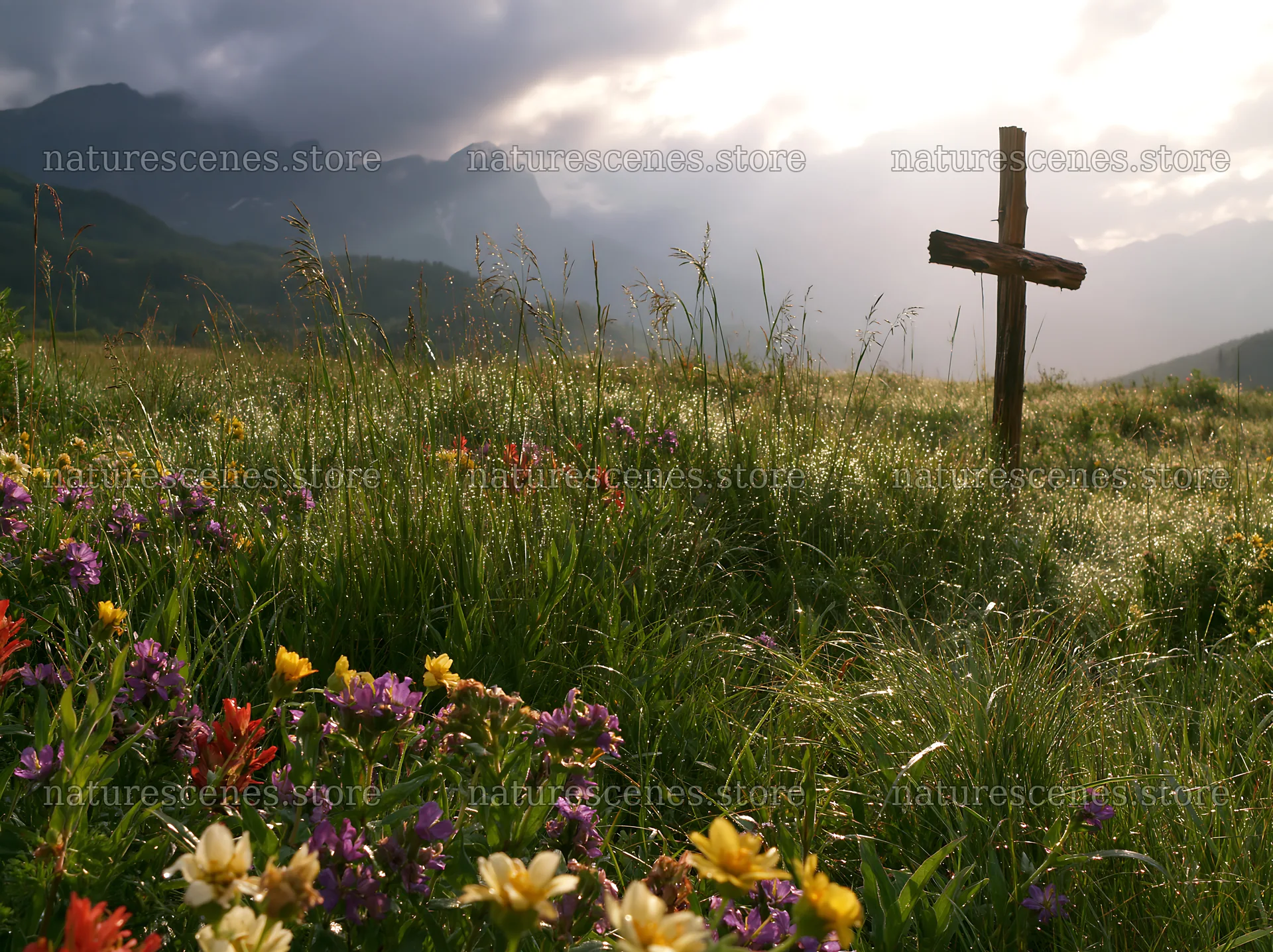 Wooden Christian cross in a mountain meadow with flowers – nature scenes 9174x6866