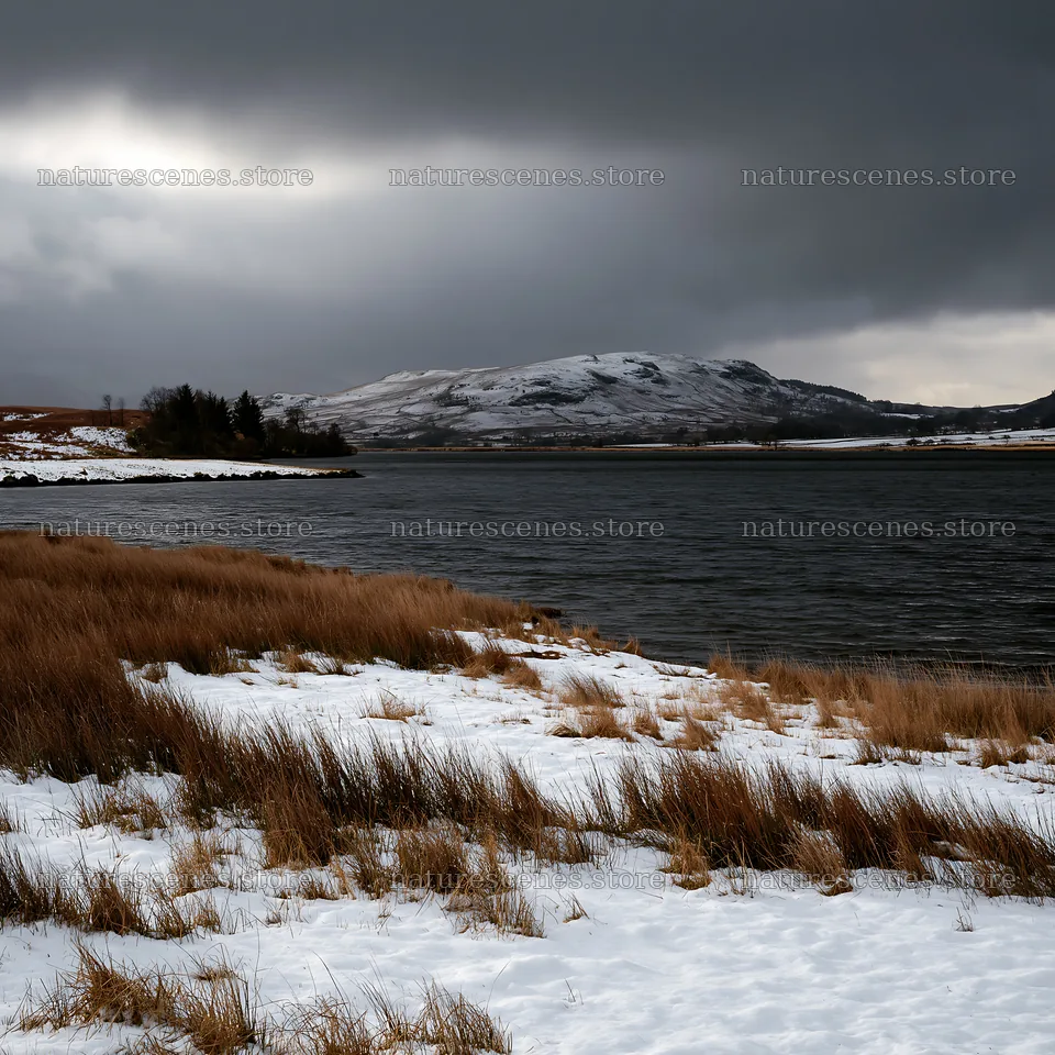Snowy lakeside meadow under dark clouds – nature scenes 7938x7938