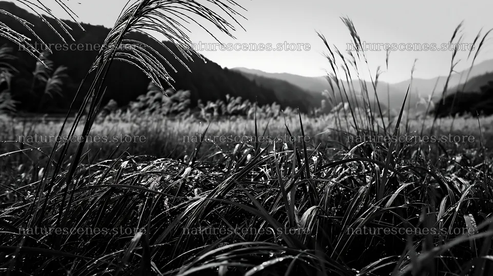 Fukui native grass meadow with rain droplets in black and white – nature scenes 10608x5938