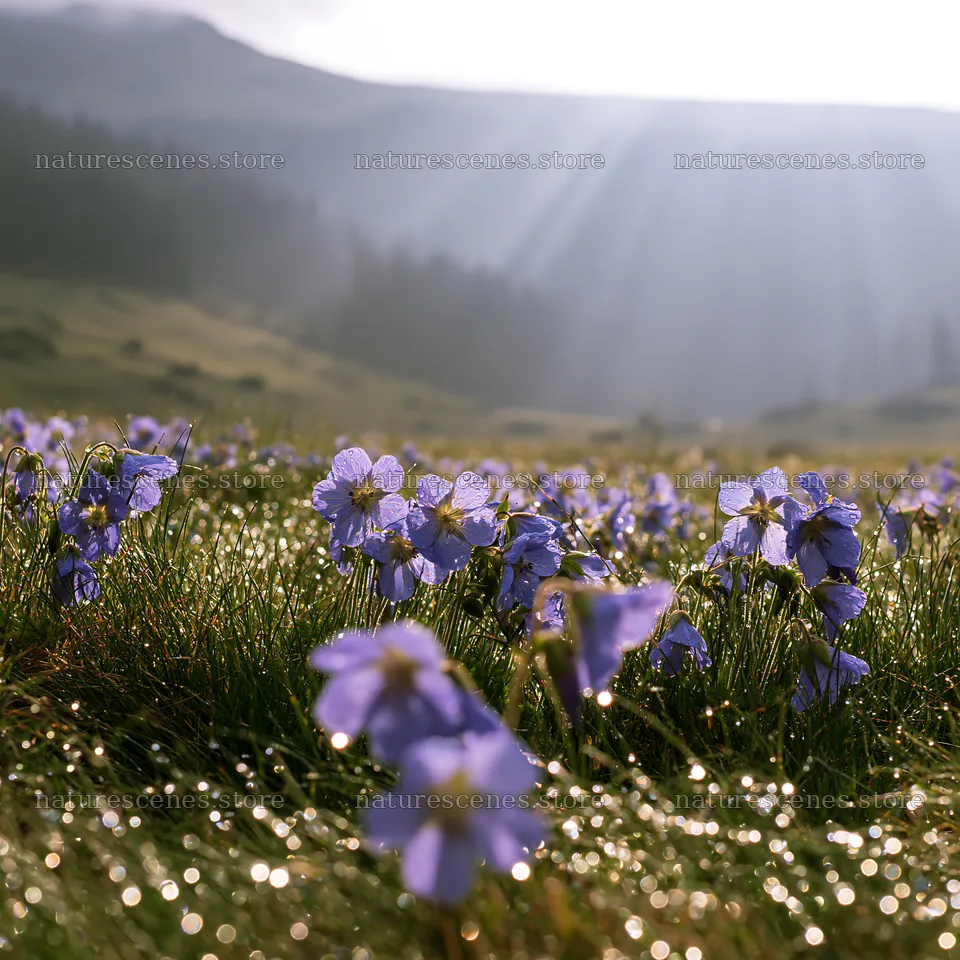 Light rays over violets in Bucegi Mountains meadow – nature scenes 7938x7938